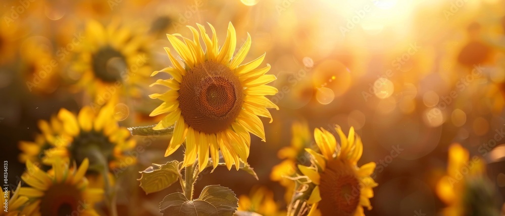 Fototapeta premium Summer sunflower flower background banner - Closeup of blooming sunflowers on field