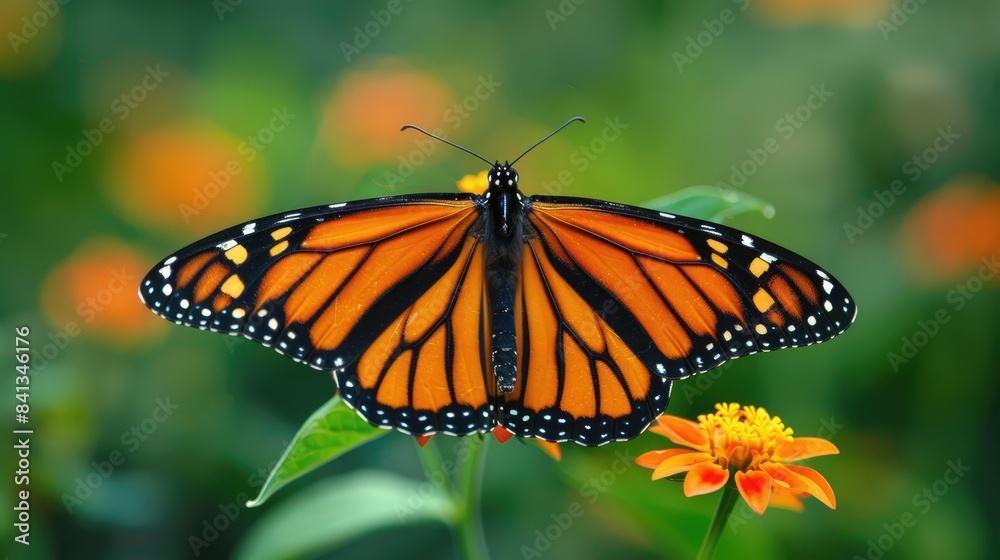 Monarch butterfly with a blurry background in a garden Monarch butterfly with a blurry background in a garden