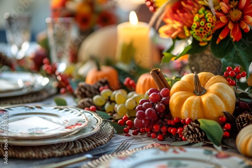 Cozy autumn table decor with pumpkins  candles  and flowers