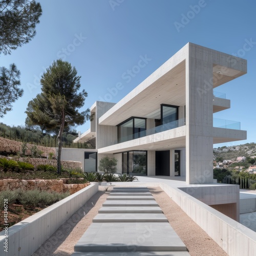 Bauhaus modernist villa seamless indoor outdoor integration, minimalist geometric interiors