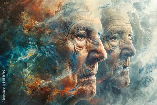 Abstract image of a man s face changing at different ages. The phases of young  middle and old age merge together to illustrate the passage of time.