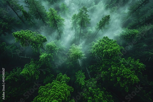 Majestic redwoods in a misty forest  depicting grandeur and strength. 