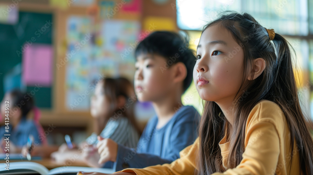 小学校の教室で授業を聞いている日本の小学生 小学校の教室で授業を聞いている日本の小学生