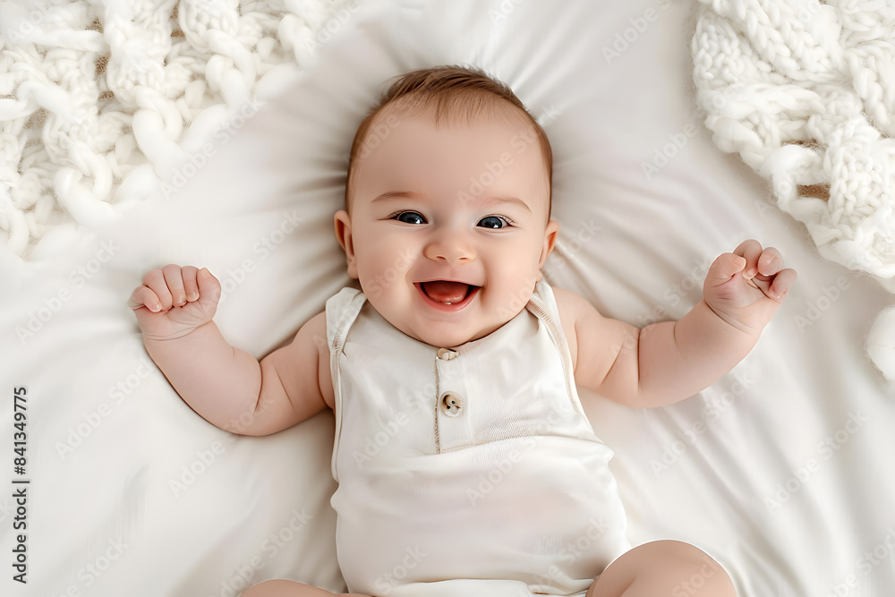 Portrait of Cute newborn Baby lying on her back and smiling at camera top view Portrait of Cute newborn Baby lying on her back and smiling at camera top view