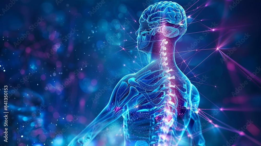 The image shows a glowing human figure, emphasizing body organs and the neural network, in a vibrant and futuristic setting. The image shows a glowing human figure, emphasizing body organs and the neural network, in a vibrant and futuristic setting.