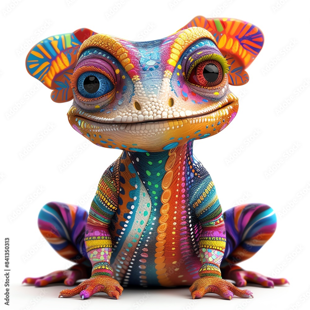 Obraz premium Create a whimsical lizard in cartoonish style be vibrant color stripes, colorful belly, joyful expression with colored inner parts set on white background