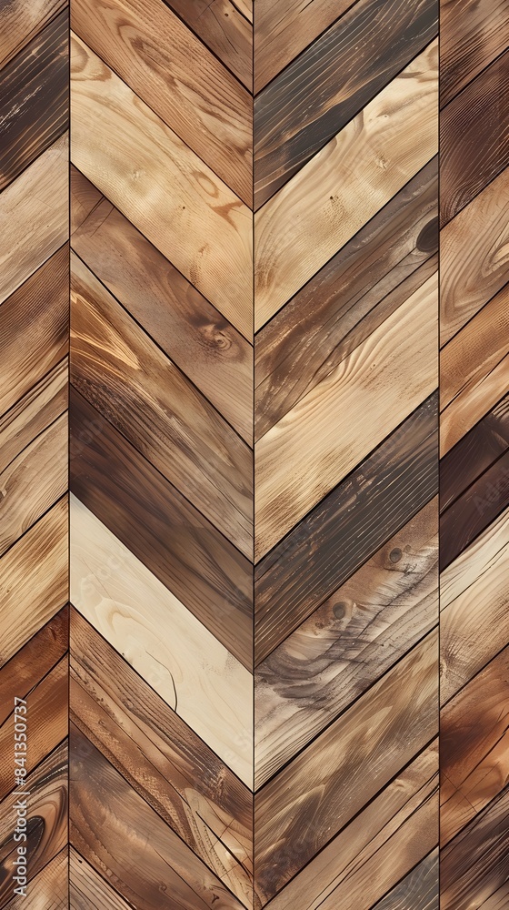 A pattern of wooden chevron planks, with each piece displaying different wood tones and textures for an organic feel A pattern of wooden chevron planks, with each piece displaying different wood tones and textures for an organic feel