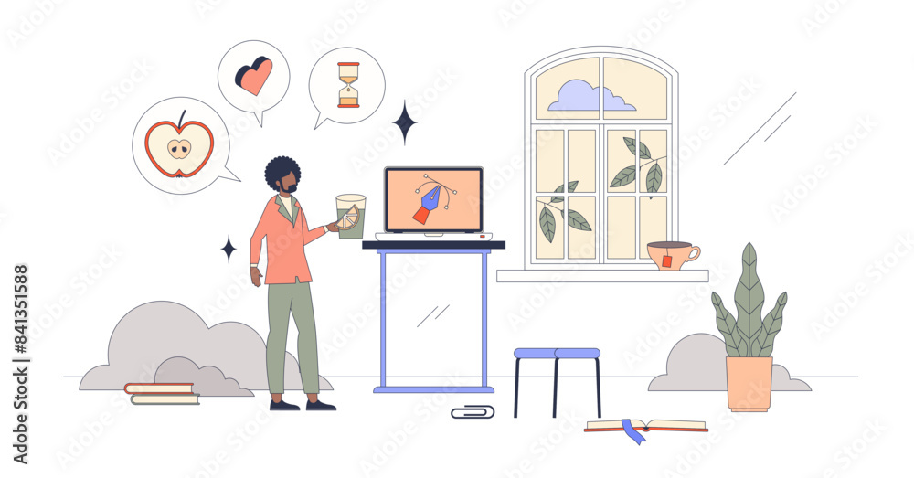 Healthy work habits for daily routine in office tiny person neubrutalism concept, transparent background. Standing desk, healthy snacks and drink plenty of water. Healthy work habits for daily routine in office tiny person neubrutalism concept, transparent background. Standing desk, healthy snacks and drink plenty of water.