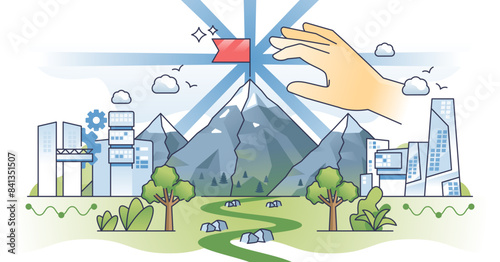 Objective achievement and successful goal reach outline hands concept, transparent background. Aiming on top of mountain as personal or business ambitions and motivation illustration.