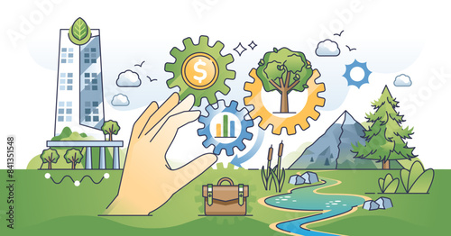 Sustainable finance and nature friendly business outline hands concept, transparent background. Effective and ecological corporate governance with environmental impact management illustration.