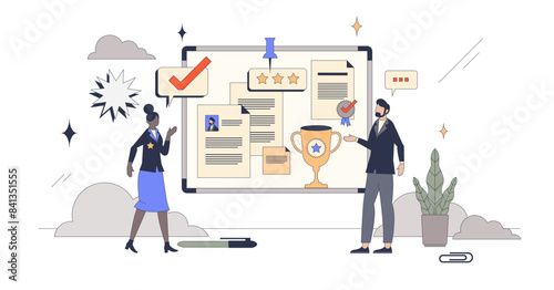 Talent management and best candidate for job tiny person neubrutalism concept, transparent background.Search professional employee with high skill illustration.