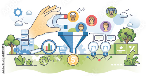 Conversion rate optimization or CRO for website sales boost outline concept, transparent background. Increase earnings with customer or visitor engagement and flow analytics illustration.