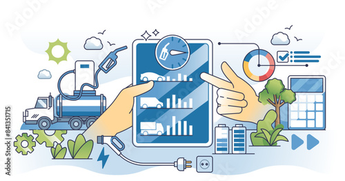 Fleet fuel management for effective gasoline usage outline hands concept, transparent background. Transportation, logistics industry company.