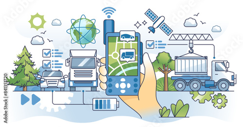 GPS fleet tracking with vehicle positioning system outline hands concept, transparent background. Satellite signal for cargo truck location detection and easy navigation illustration.