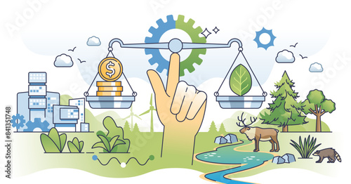 Sustainable finance investment for balanced eco impact outline hands concept, transparent background. Nature friendly and green economical profit from renewable and ecological resources illustration.