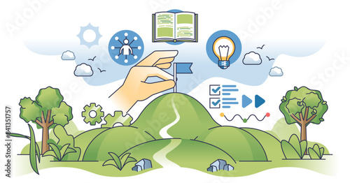 Leadership development with successful business path outline hands concept, transparent background. Mountain as goal or target to reach illustration. Journey with vision and career progress.