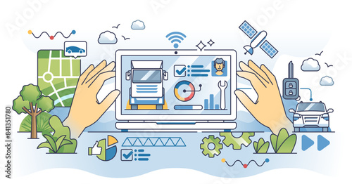 Fleet management software for effective monitoring outline hands concept, transparent background. Logistics cargo vehicles location detection, fuel level check or efficiency research.