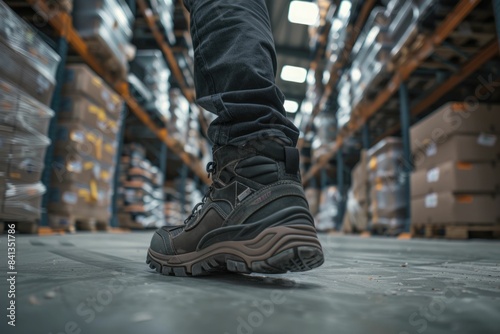 The close up picture of the worker is walking inside the factory warehouse while wearing the safety shoes, the factory worker require skill like technical knowledge, safety awareness, strength. AIG43.