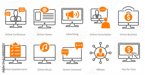 A set of 10 mix icons as online conference, online viewer, advertising
