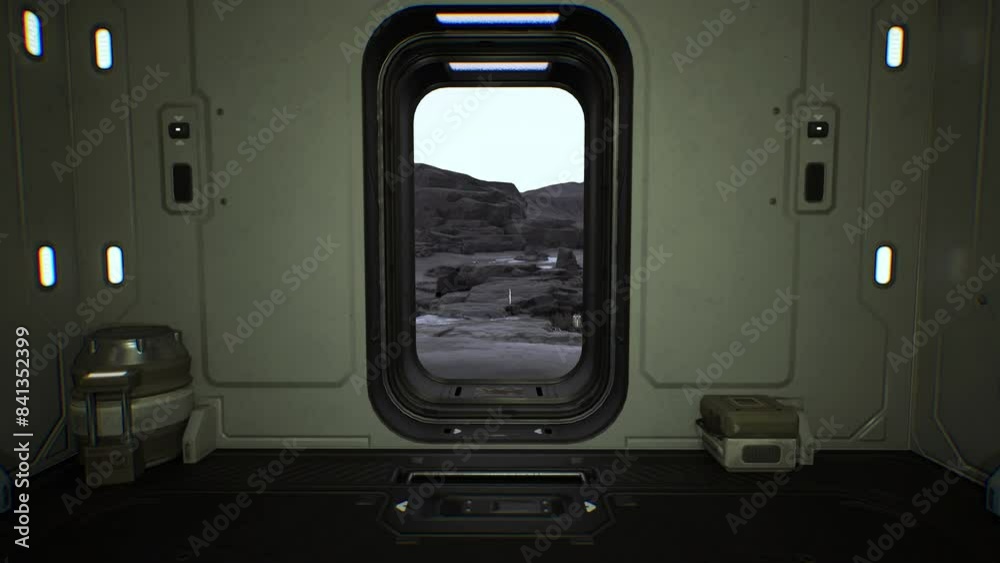 Exit from planetary research station to desolate mountainous terrain of alien planet, first person view. Going through the airlock of a modular base to extraterrestrial landscape.                     