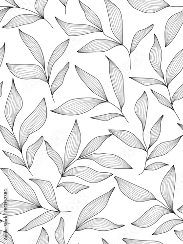 Seamless black and white floral background with leaves. Hand drawn minimal abstract organic shapes pattern. Delicate vector white abstact pattern with black leaves.