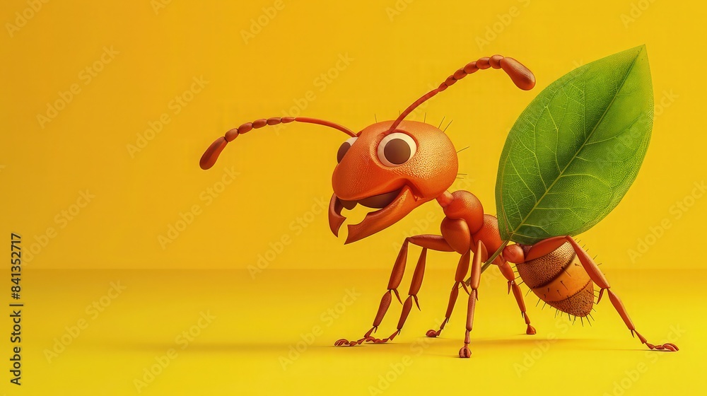 Fototapeta premium A playful 3D cartoon ant character, strong and smiling, carrying a leaf, suitable as a logo for organic farming products. Set on a bright yellow background.