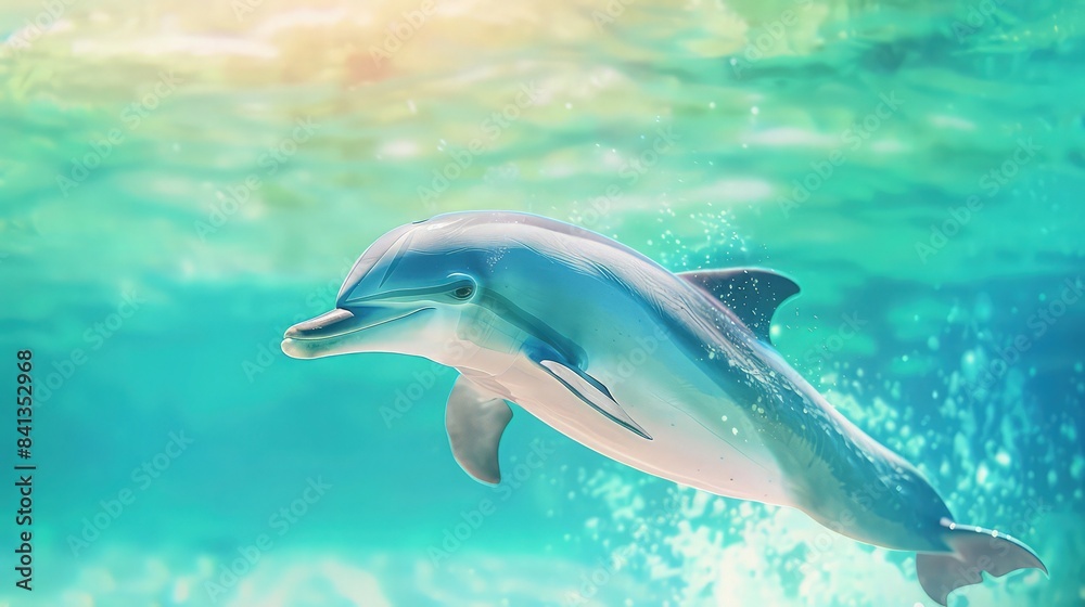 Naklejka premium A playful dolphin abstract wallpaper in pastel blues and greens, creating a refreshing and lively oceanic feel.