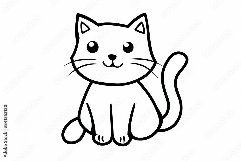 colouring book page, a simple line art drawing of an outline of cat, white background, cute and adorable, cute cartoon style, simple lines, simple shapes, flat design, minimalism, simple, no color, si