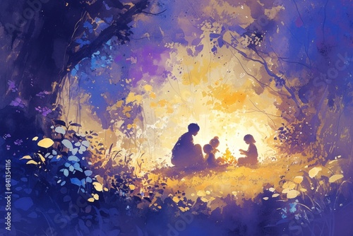 A painting of a family sitting in a forest with a fire, watercolor illustrations , summer activitie, Camping in the woods.