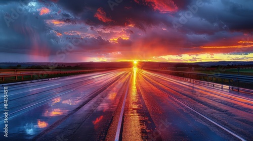 A rain-soaked highway reflecting the sunset, the road glistening under a sky painted with a spectrum of stormy grays and the fiery colors of the setting sun.