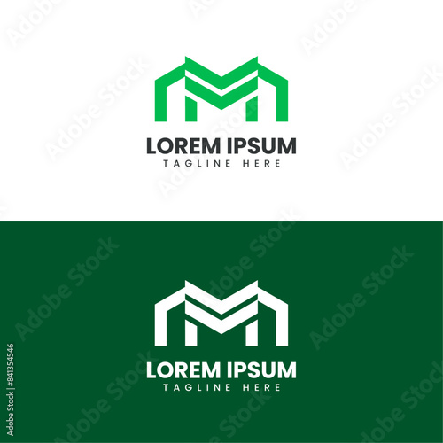 Green M letter real estate logo design. Green house construction company logo vector template.