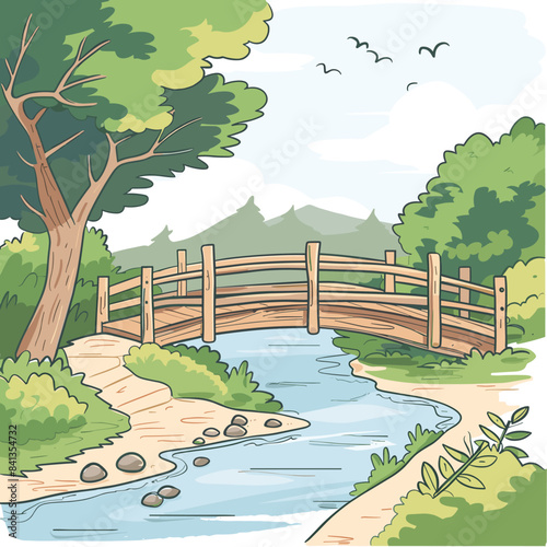 Wooden bridge over peaceful river countryside landscape. Lush green trees around water stream, tranquil nature scene illustration. Cartoon style wooden bridge, riverbank, nature backdrop