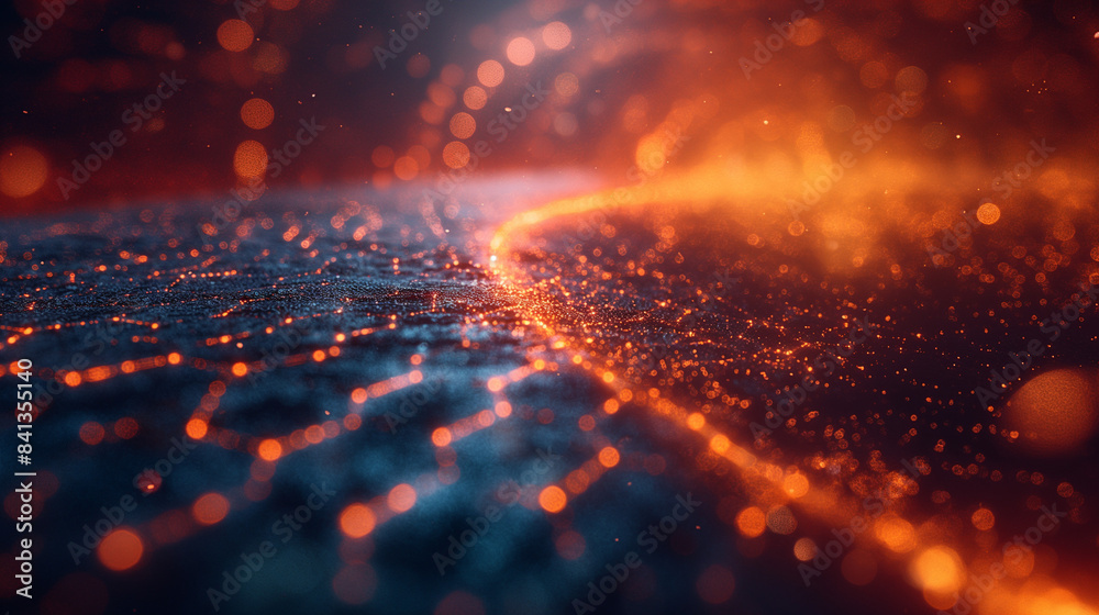 Fototapeta premium Abstract fiery orange backdrop with glowing elements in space design