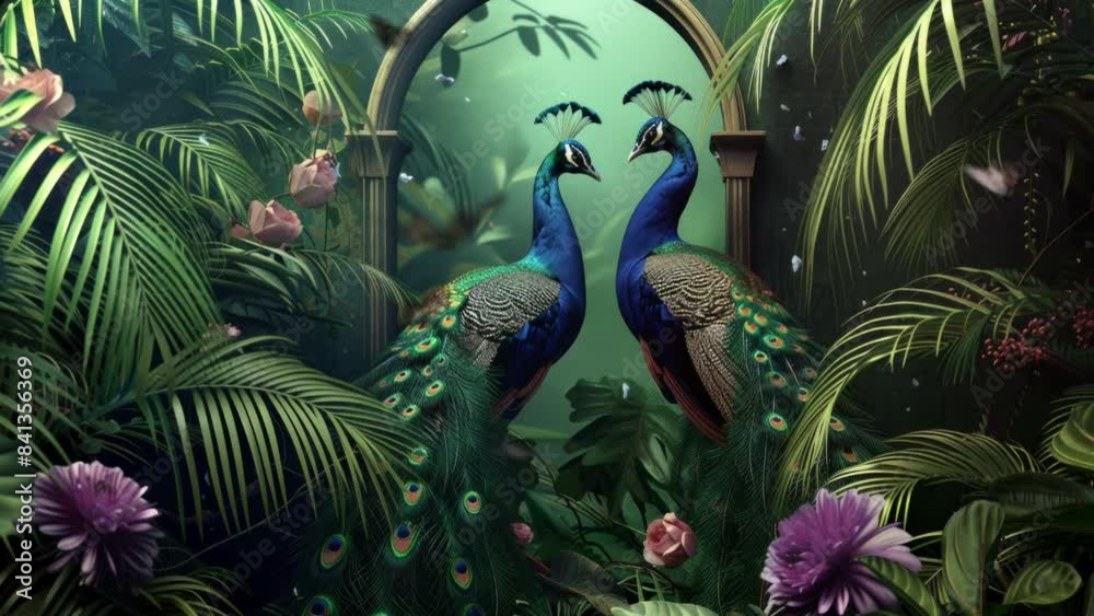 tropical leaves greenery with green leaves and colorful peacock birds over black background