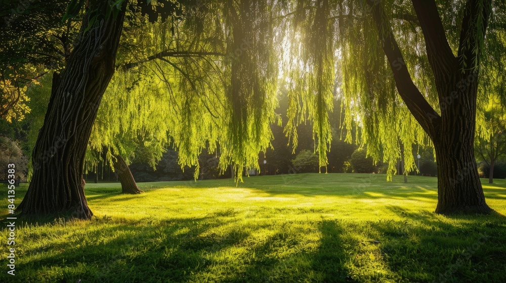 Willow Trees Adorned Grass Park Willow Trees Adorned Grass Park
