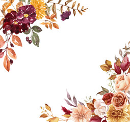 Autumn corner floral border. Watercolor flowers on transparent background