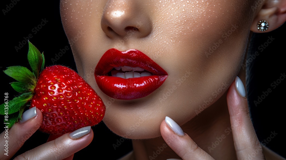 Fototapeta premium Close up portrait of half face with red lips biting fresh strawberry, intimate detail