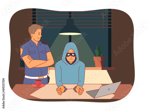 Cybersecurity on guard. Hacker and policeman, password cracker arrest, theft of data, information and money, officer fights cyber crime and thief handcuffed, vector cartoon flat isolated concept