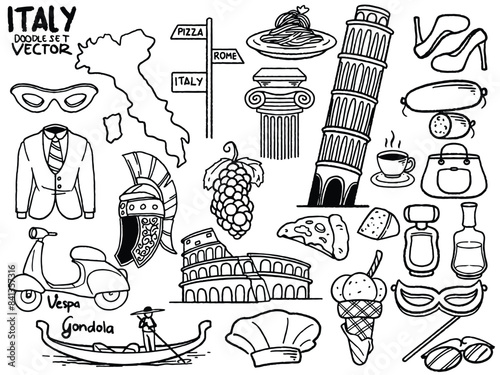 Hand drawn set of doodle travel to Italy set travel outline doodle Tourism and summer adventure.