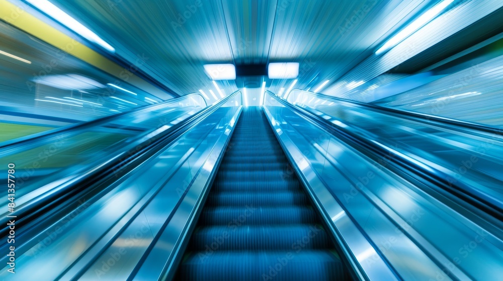 Blurred metropolis escalator in motion against light blue backdrop depicting urban infrastructure of subway system. Blurred metropolis escalator in motion against light blue backdrop depicting urban infrastructure of subway system.
