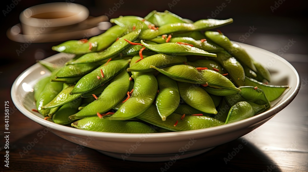 Photograph of a bowl of freshly cooked edamame, glistening with a light drizzle of soy sauce. Photograph of a bowl of freshly cooked edamame, glistening with a light drizzle of soy sauce.