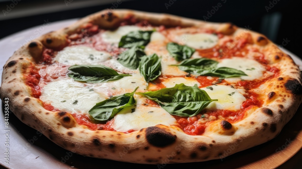 Photograph of a classic Neapolitan pizza with a thin, crispy crust, bubbling mozzarella cheese, fresh basil leaves, and a sprinkle of Parmesan cheese. Photograph of a classic Neapolitan pizza with a thin, crispy crust, bubbling mozzarella cheese, fresh basil leaves, and a sprinkle of Parmesan cheese.