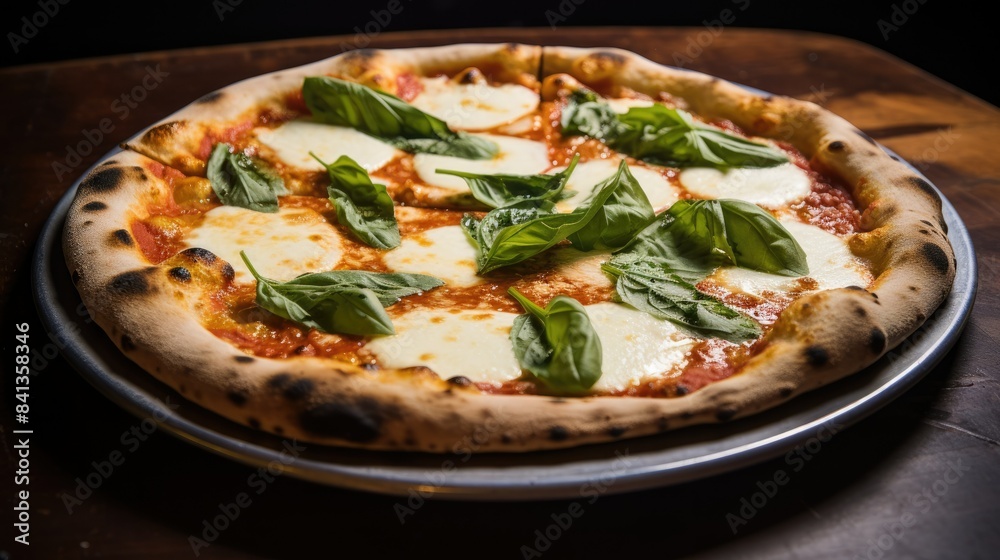 Photograph of a classic Neapolitan pizza with a thin, crispy crust, bubbling mozzarella cheese, fresh basil leaves, and a sprinkle of Parmesan cheese. Photograph of a classic Neapolitan pizza with a thin, crispy crust, bubbling mozzarella cheese, fresh basil leaves, and a sprinkle of Parmesan cheese.