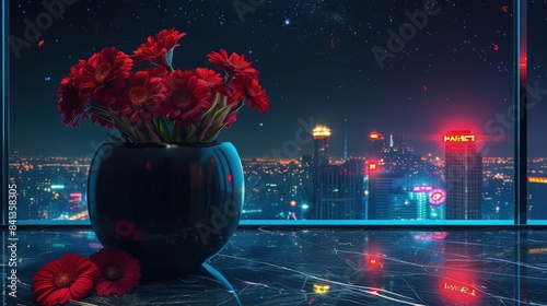 A sleek black vase holding crimson gerberas on a marble table, with a panoramic window showing a cityscape illuminated by neon lights, contrasting with the dark, starless sky.