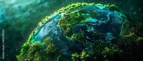 Globe with grassy continents, Cyberpunk, Neon green accents, Digital art, Futuristic ecofriendly vibe and glowing details 8K , high-resolution, ultra HD,up32K HD
