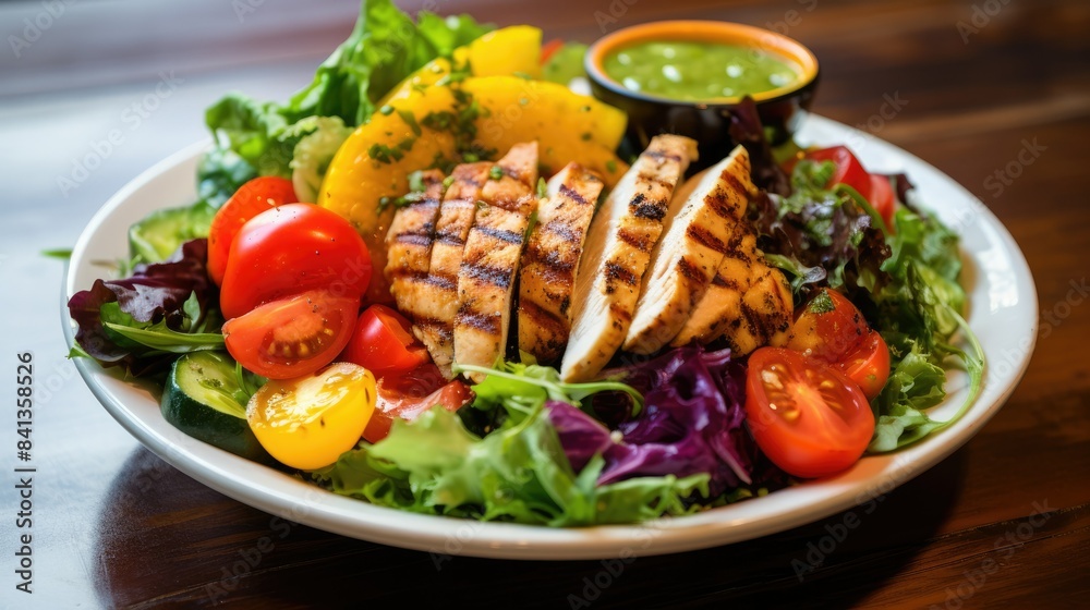 Photograph of a colorful and healthy salad with a variety of fresh vegetables, grilled chicken, and a light vinaigrette dressing