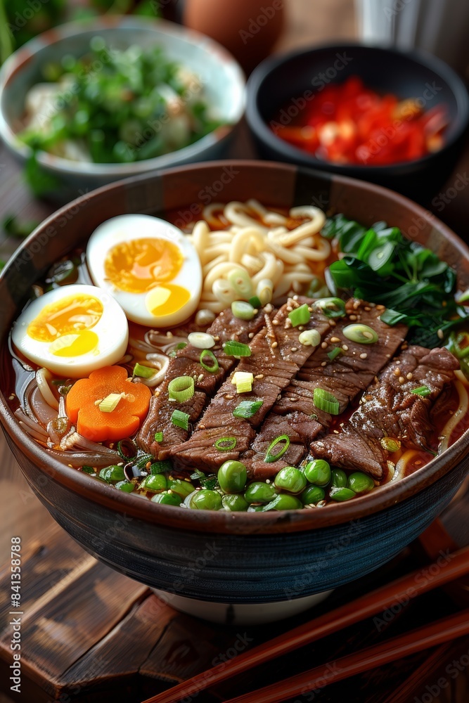 A bowl of beef Noodles in soup, beef slices, vegetables, eggs A bowl of beef Noodles in soup, beef slices, vegetables, eggs