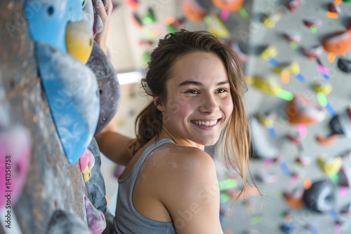 a woman is smiling while climbing on a rock wall