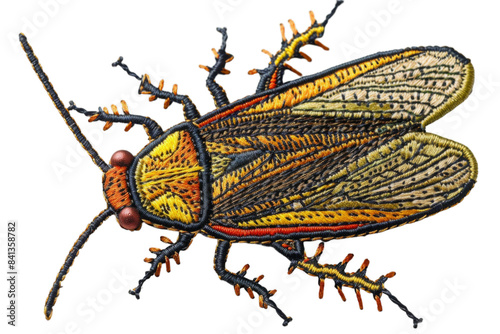 Embroidered insect patch with intricate design and vibrant colors, depicting a detailed beetle,  for design and print.