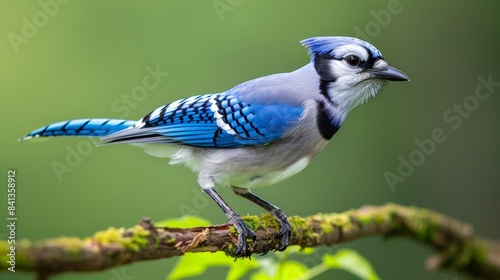 a blue jay perched on a branch with its vibrant feathers in full view, shot against a green background.
